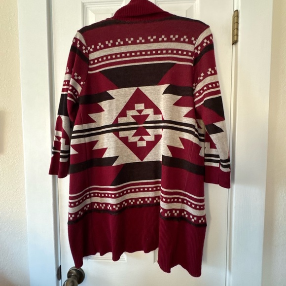 Allison Brittney Burgundy and Black Aztec Western Patterned Cardigan - Picture 2 of 3